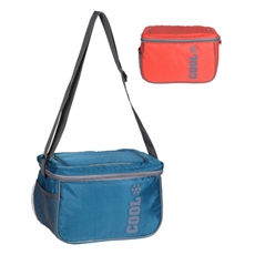 Kjølebager i oransje og petroleum med skulderrem, glidelåslukking og sidelomme i nettingstoff.